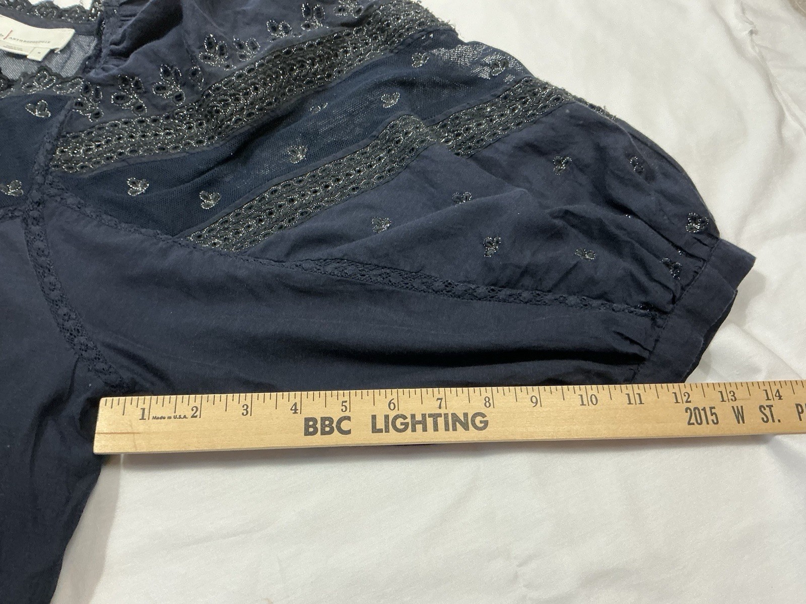 Anthropologie Navy Blue Lace Balloon Puff Sleeve Blouse Top Shirt Size M
