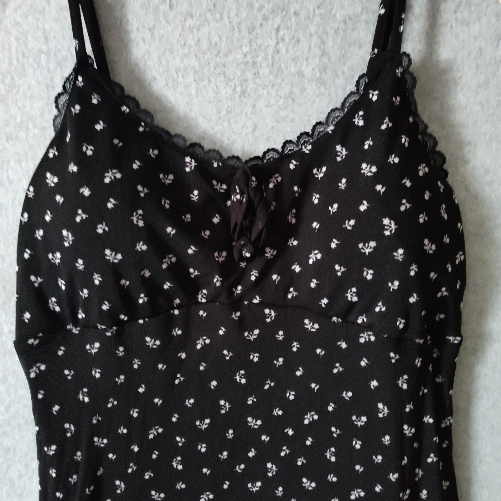 Black Floral Dress Empire Waist Thin Strap Sz L (12-14) Grunge Boho Fairy Twee