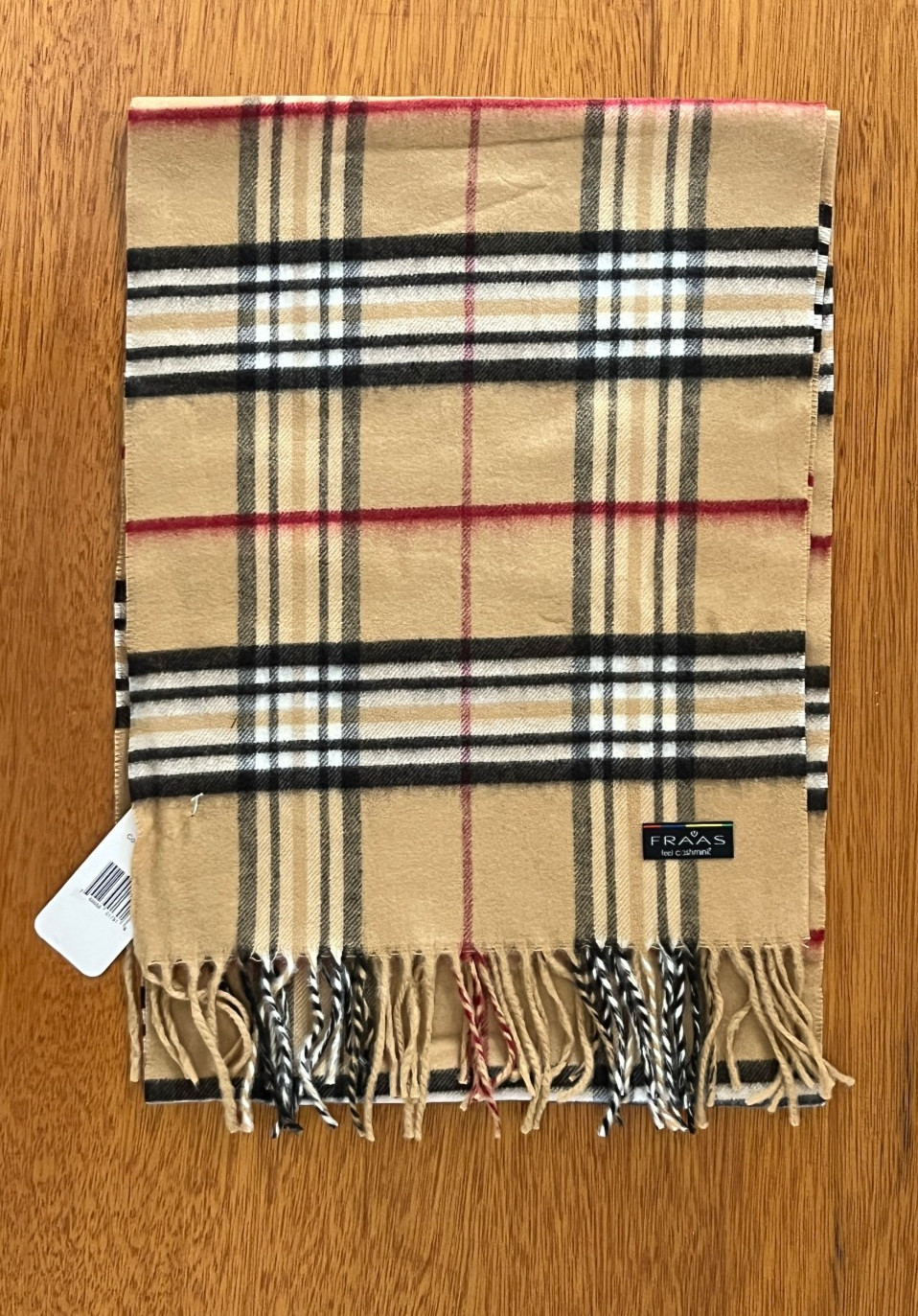 FRAAS made in GERMANY CAMEL PLAID WRAP SCARF FEEL CASHMINK 12″ X 62″ with TAG!