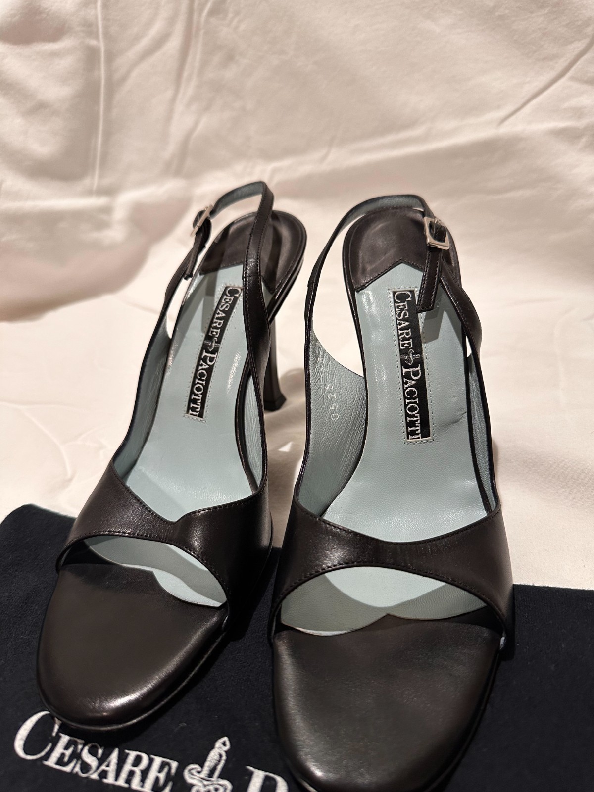 Cesare Paciotti Black Leather Slingback Heels – Iconic Light Blue Insole