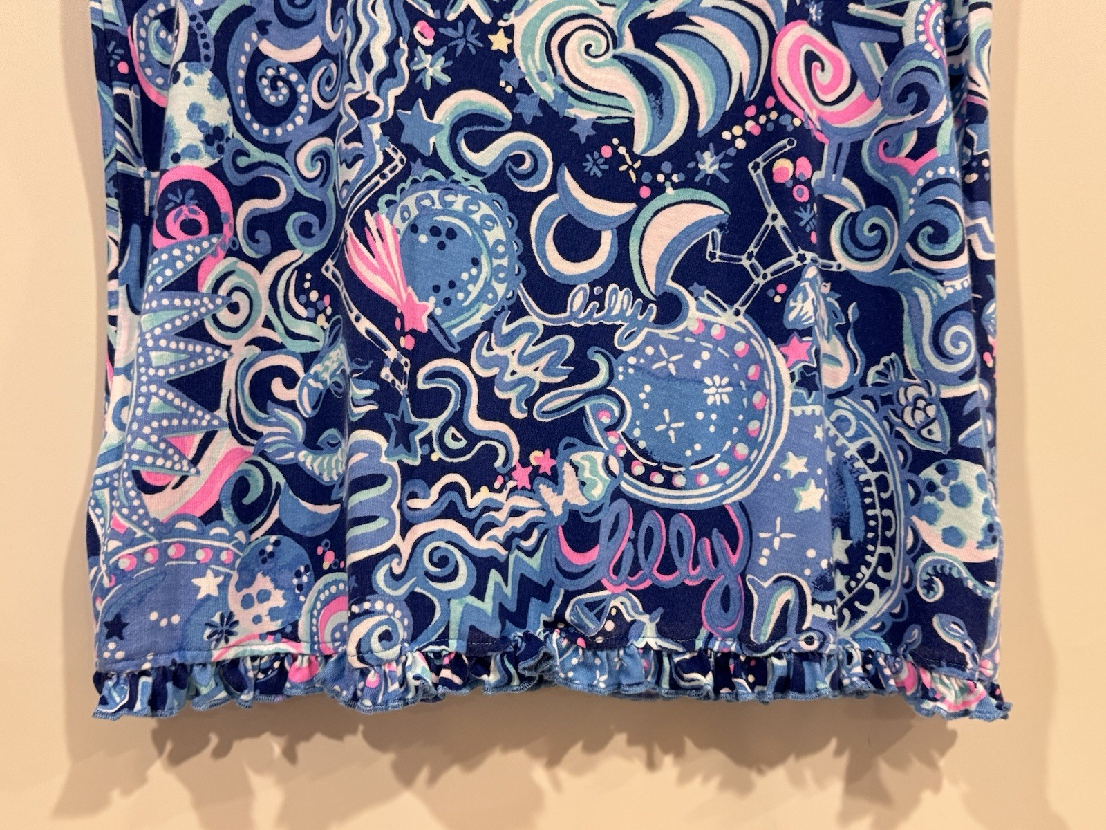 Lilly Pulitzer PJ Knit Ruffle Henley Top Blue/Pink Cosmic Kismet Size XS