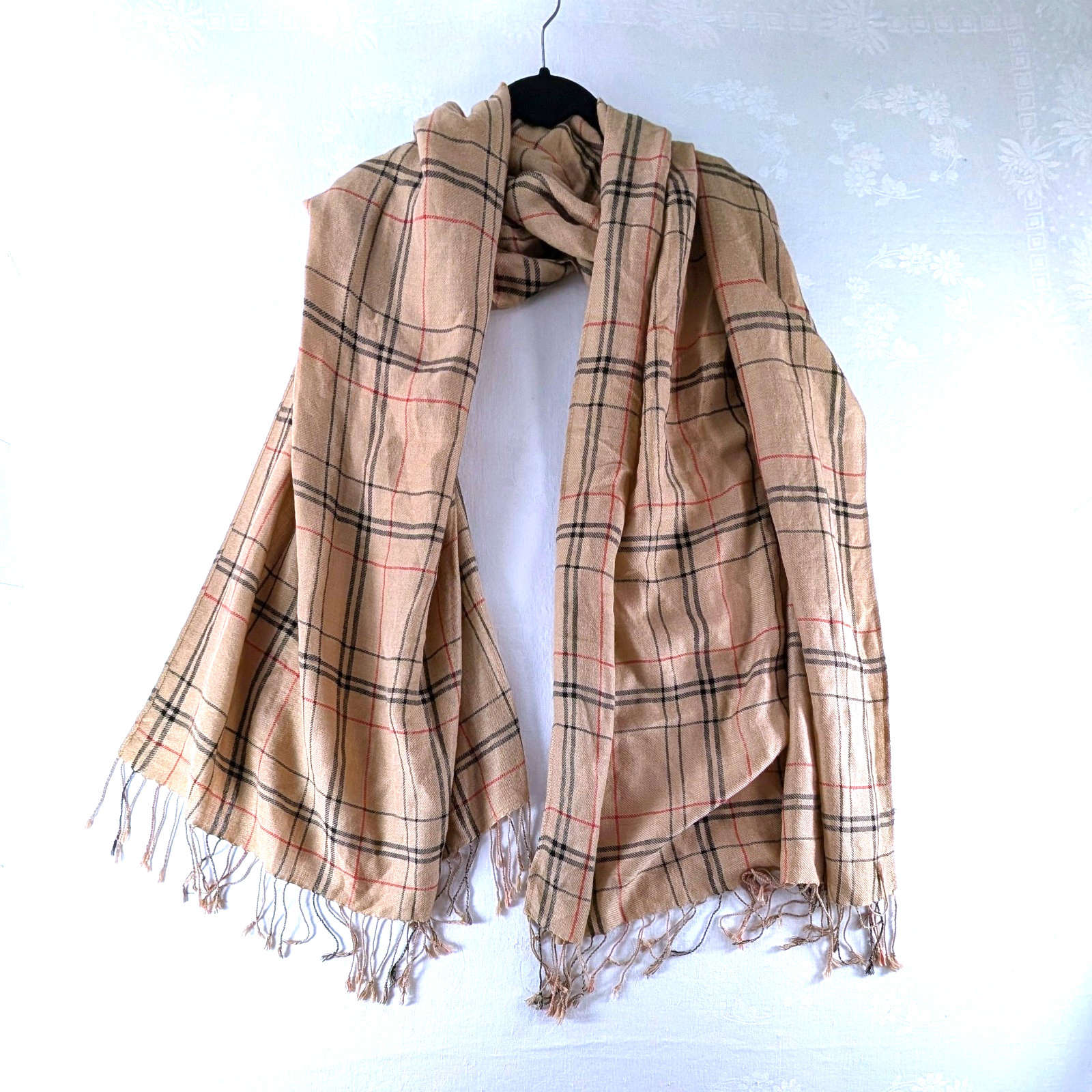 Cashmere Silk Plaid Scarf Wrap Fringe Tan Beige Black Red Oblong 76 x 28 in