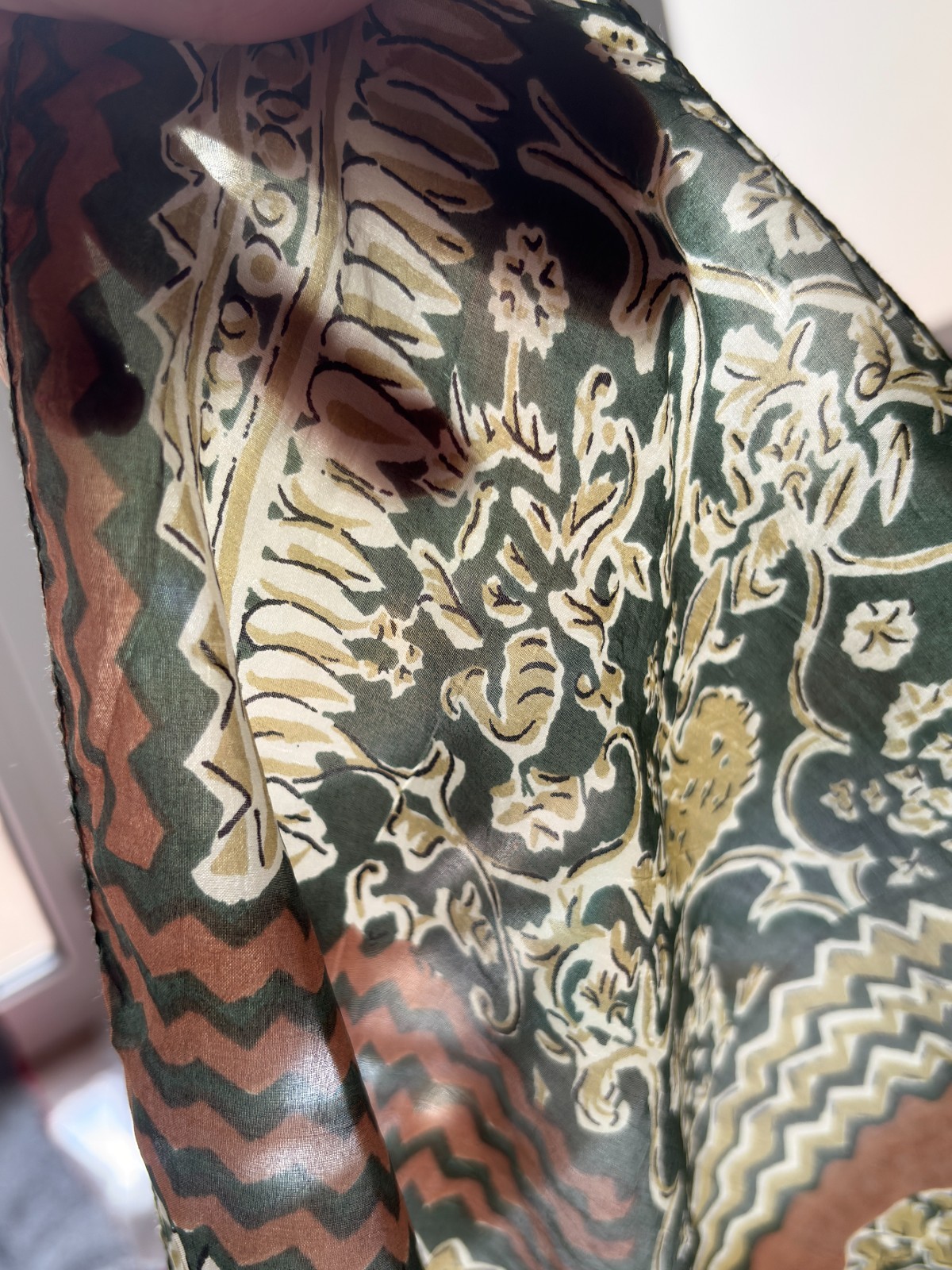 Vintage Silk Scarf Green Abstract Boho Ethnic Floral Designer Luxury Wrap, 34