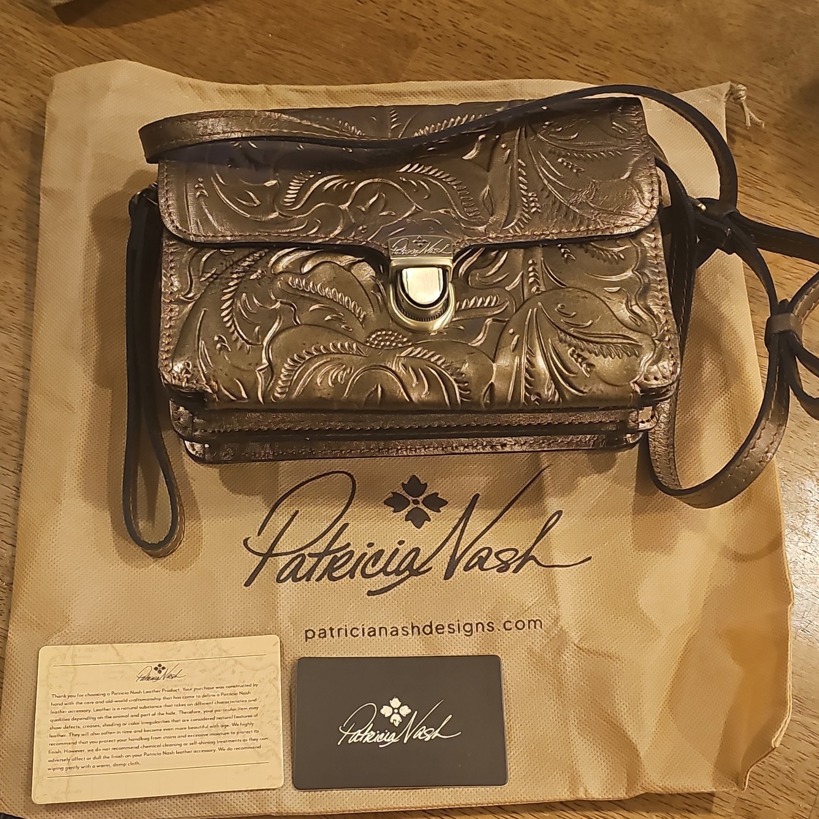Patricia Nash Gold Floral Embossed Crossbody Bag Zip/Push Lock, Dust Bag
