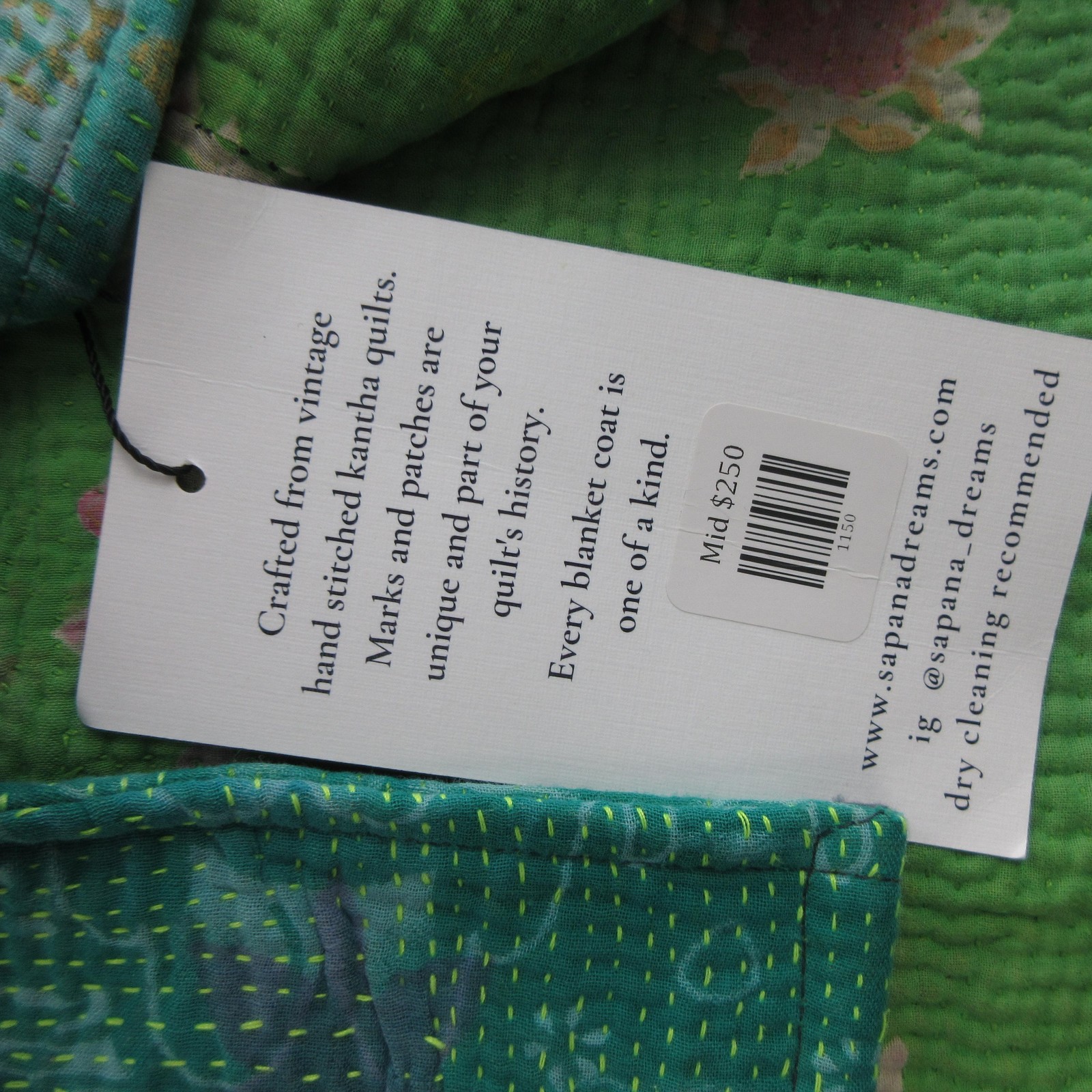 Sapana Coat Womens One Size Green Quilted Kantha Blanket Floral Boho Open Front
