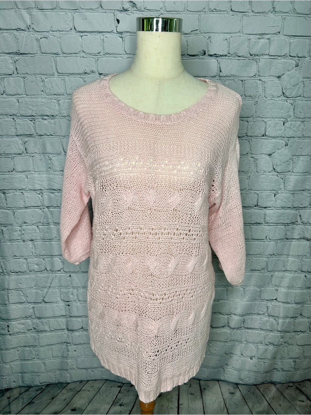 Ruff Hewn Pink Crochet Knit Tunic Sweater Dress Open Weave 3/4 Sleeve Medium
