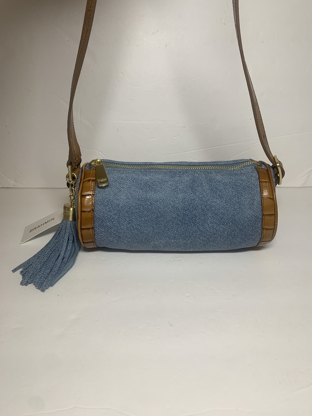 BRAHMIN Billie Barrel Shoulder Bag Denim Leather Brushed Gold Harrware NWT