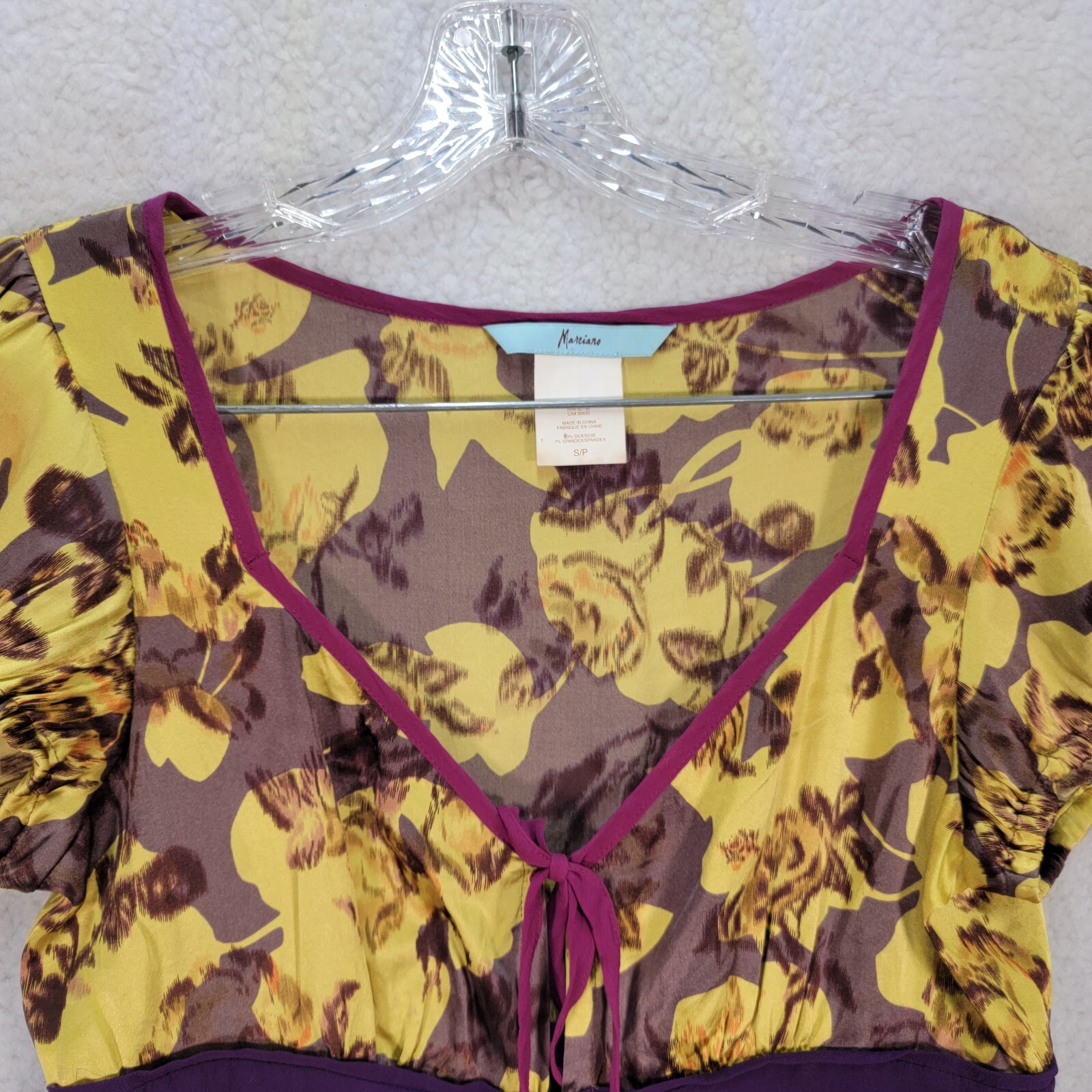 Marciano Women Top Size S Yellow Floral Ombre Silk V Neck Y2K Puff Sleeve Blouse