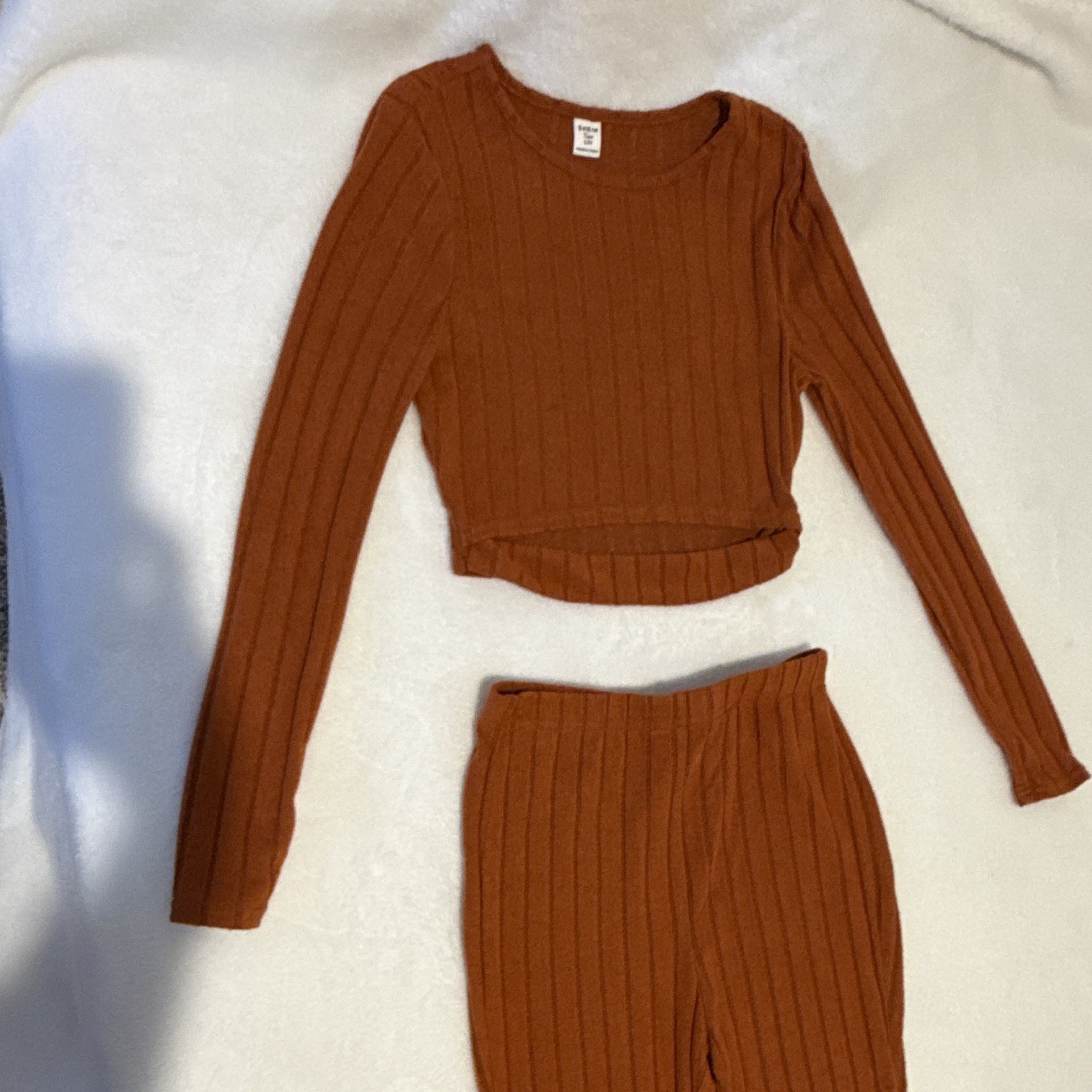 SHEIN Teen 2-Piece Ribbed Knit Set Brown Long Sleeve Top Flared Pants 13Y