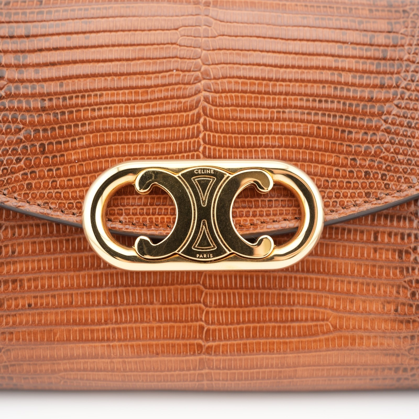 Celine Shiny Lizard Leather Maillon Triomphe Clutch Brown