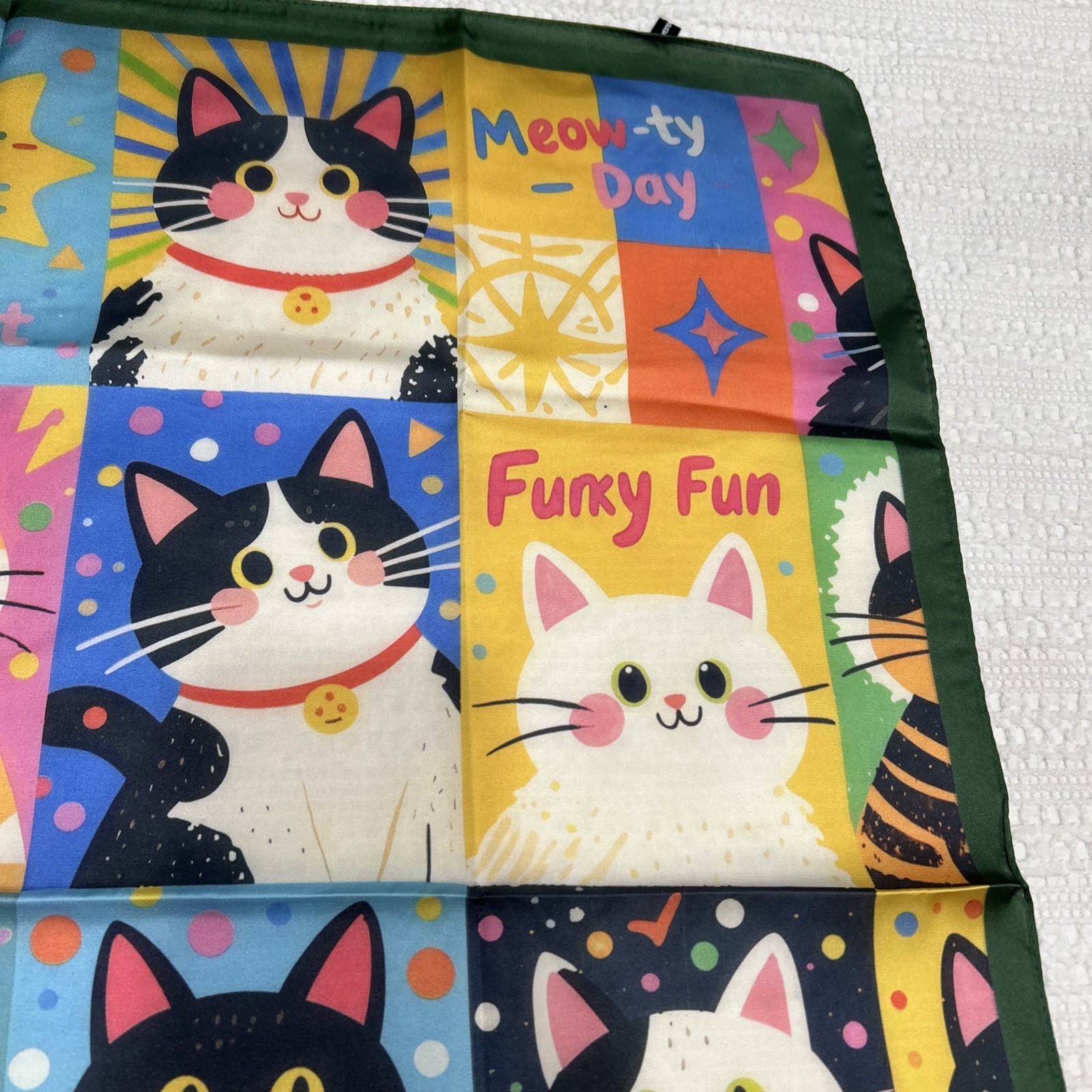 Colorful Cats Funky Fun 26” Square Scarf Floaty Green Border New Breeds Kitties
