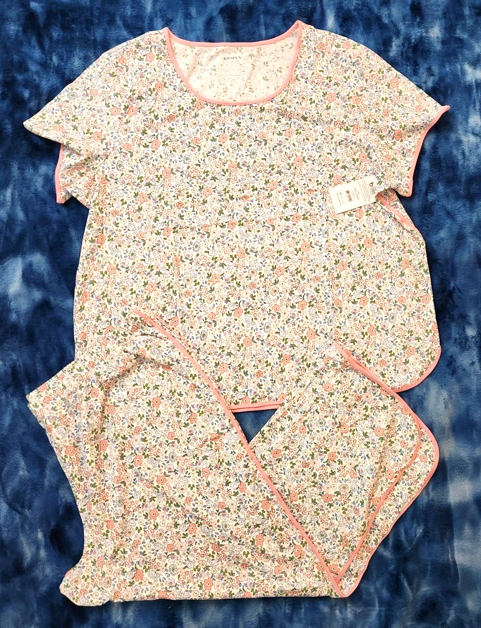 NWT NEW Joyspun Women’s 2X (18W-20W) Floral Tee Pants Set PJs Pajamas Pink Trim