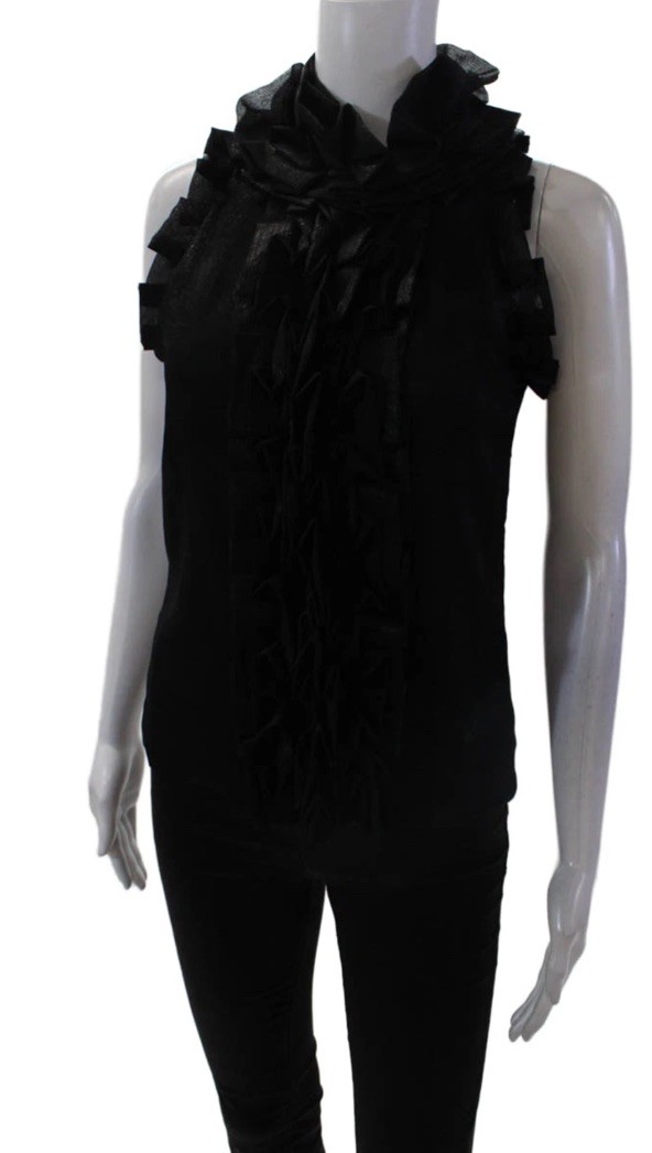 Robert Rodriguez Black Ruffle Neck Sleeveless Blouse Top Semi Sheer Size S Luxe