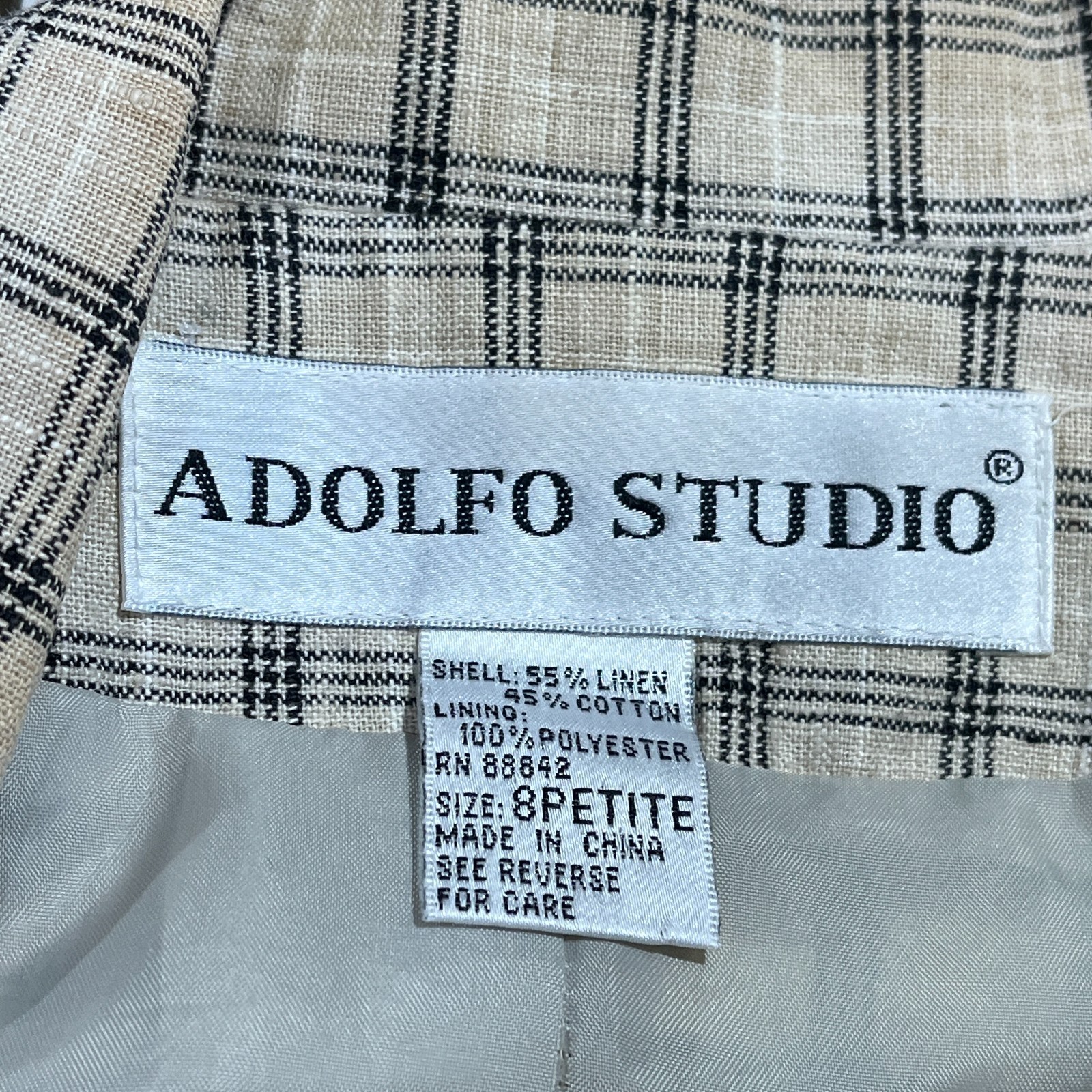 Adolfo Studio Women’s Linen Blend Blazer 8 Petite Plaid Office Preppy Career 90s