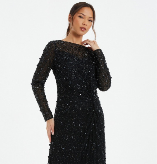 Quiz Embellished Black Sparkle Evening Dress Gown – sz 6 / 10 UK -msrp $350