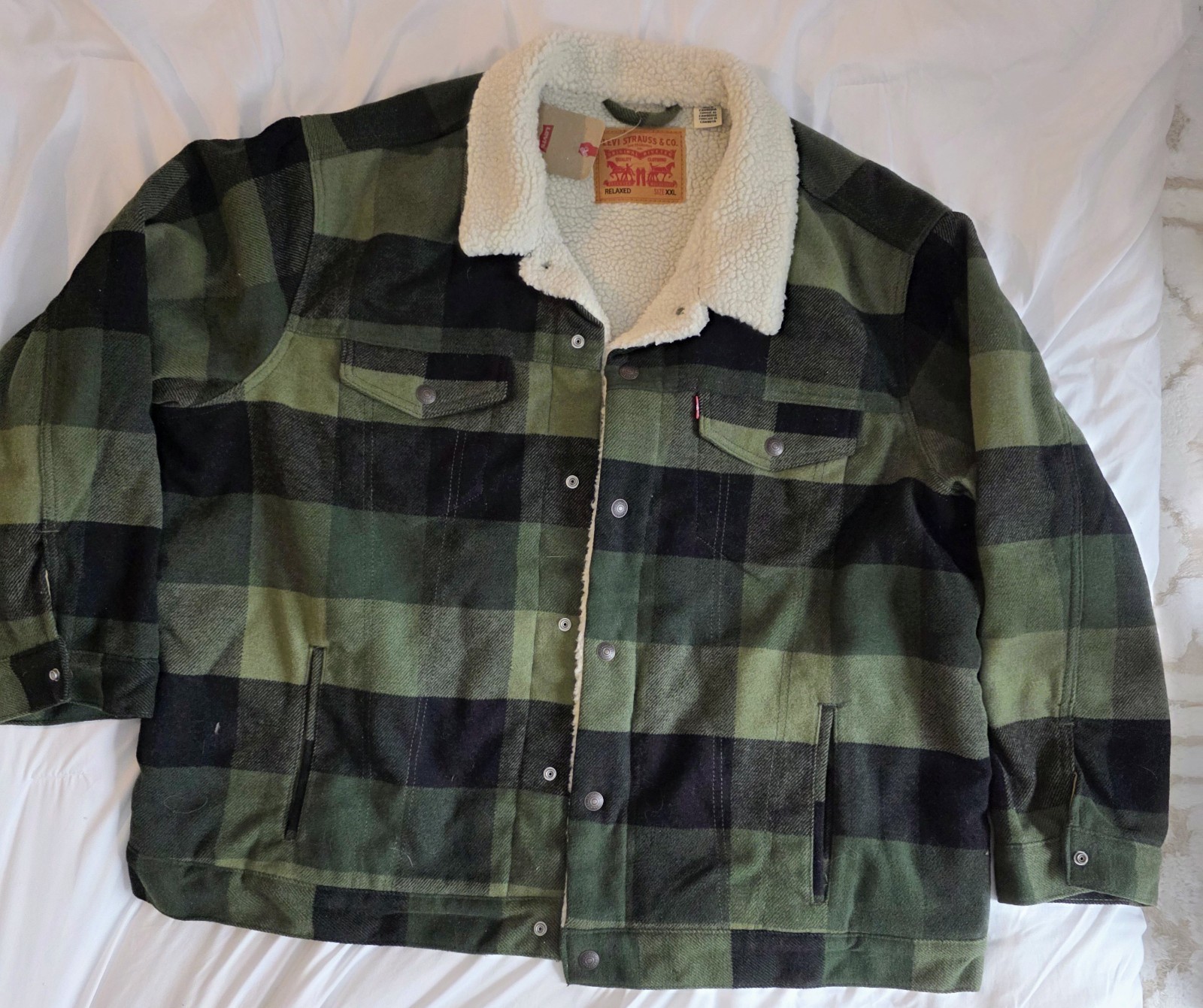 Levi’s Men’s Plaid Sherpa Lined Relaxed Fit Trucker Jacket Green/Black XXL NWT