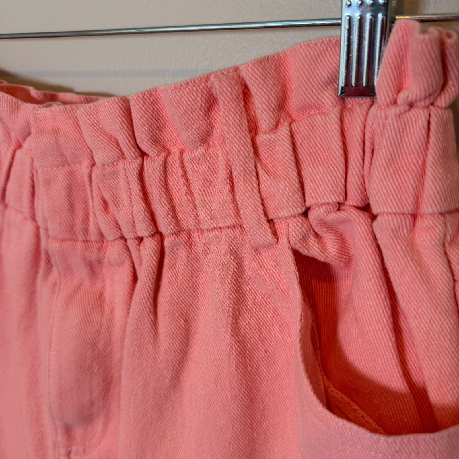 Pastel Pink Cotton Denim Paperbag Shorts (M) Summer Beachy Girly Casual Elastic