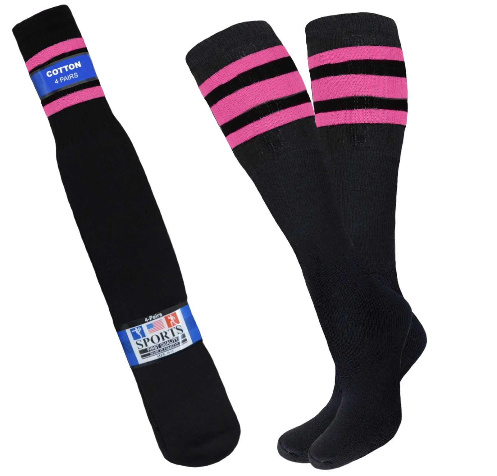 4-6 PAIR Striped Tube Socks 22″ BLACK COTTON OLD SCHOOL LONG SOCKS 10-15