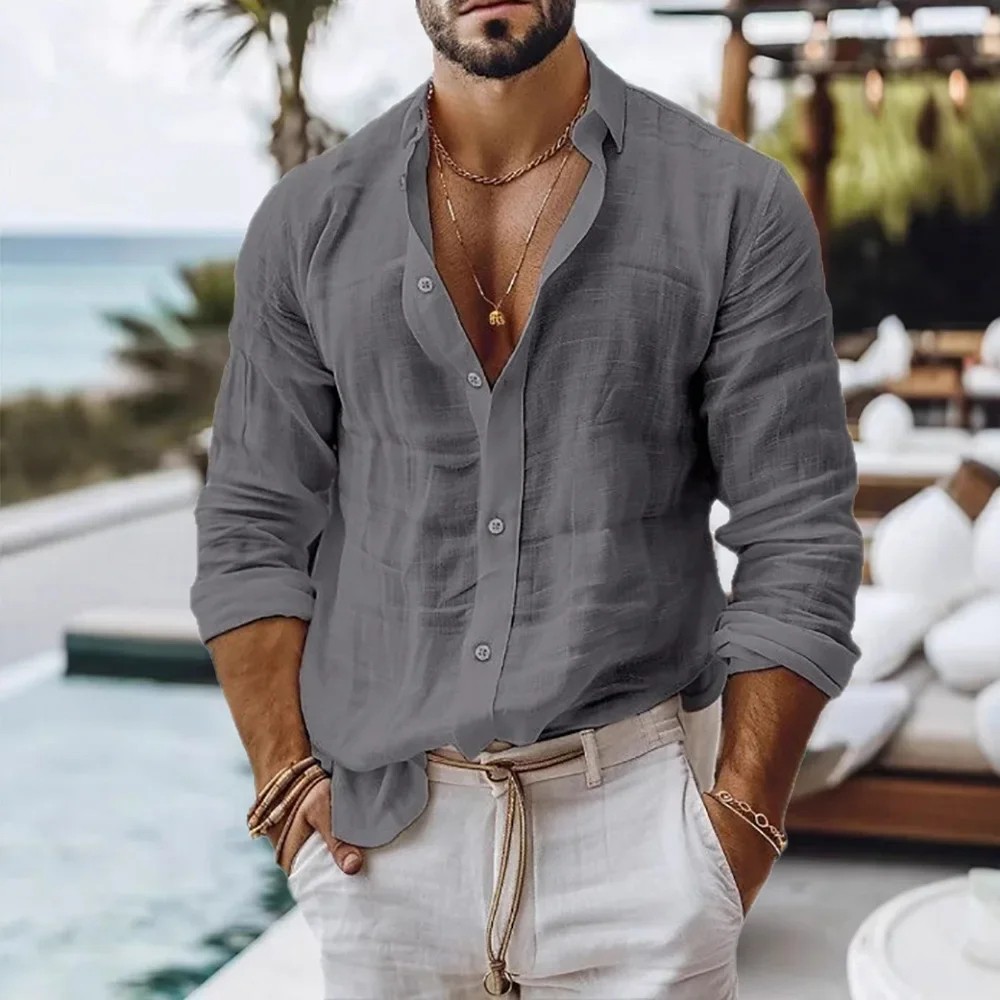 Camisa de lino y algodón para hombre camisa de manga larga Color sólido, estilo