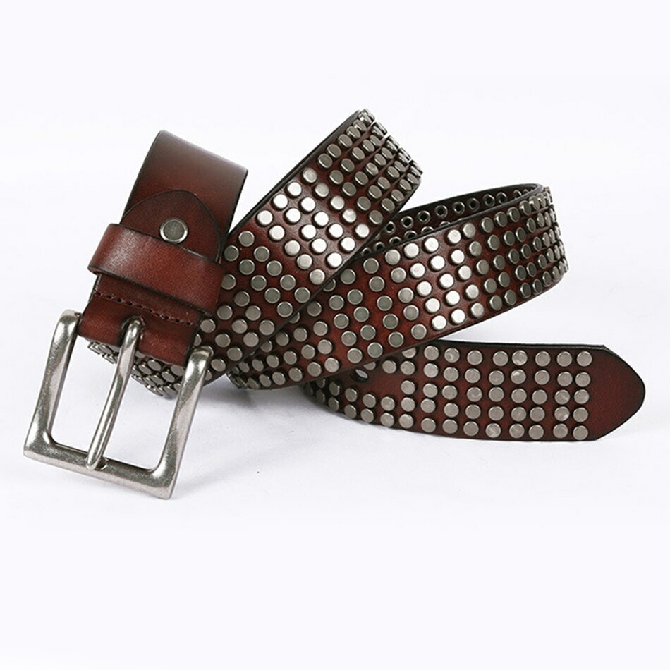 Men Genuine Leather Rivet Belts Male Punk High Quality Fashion Square Belt
