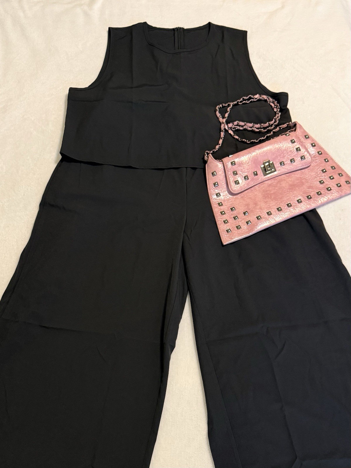 Womens 2 Pc Black Soft Lounge Set Tank Top Wide Leg, Pants Length 36in, Size 2XL