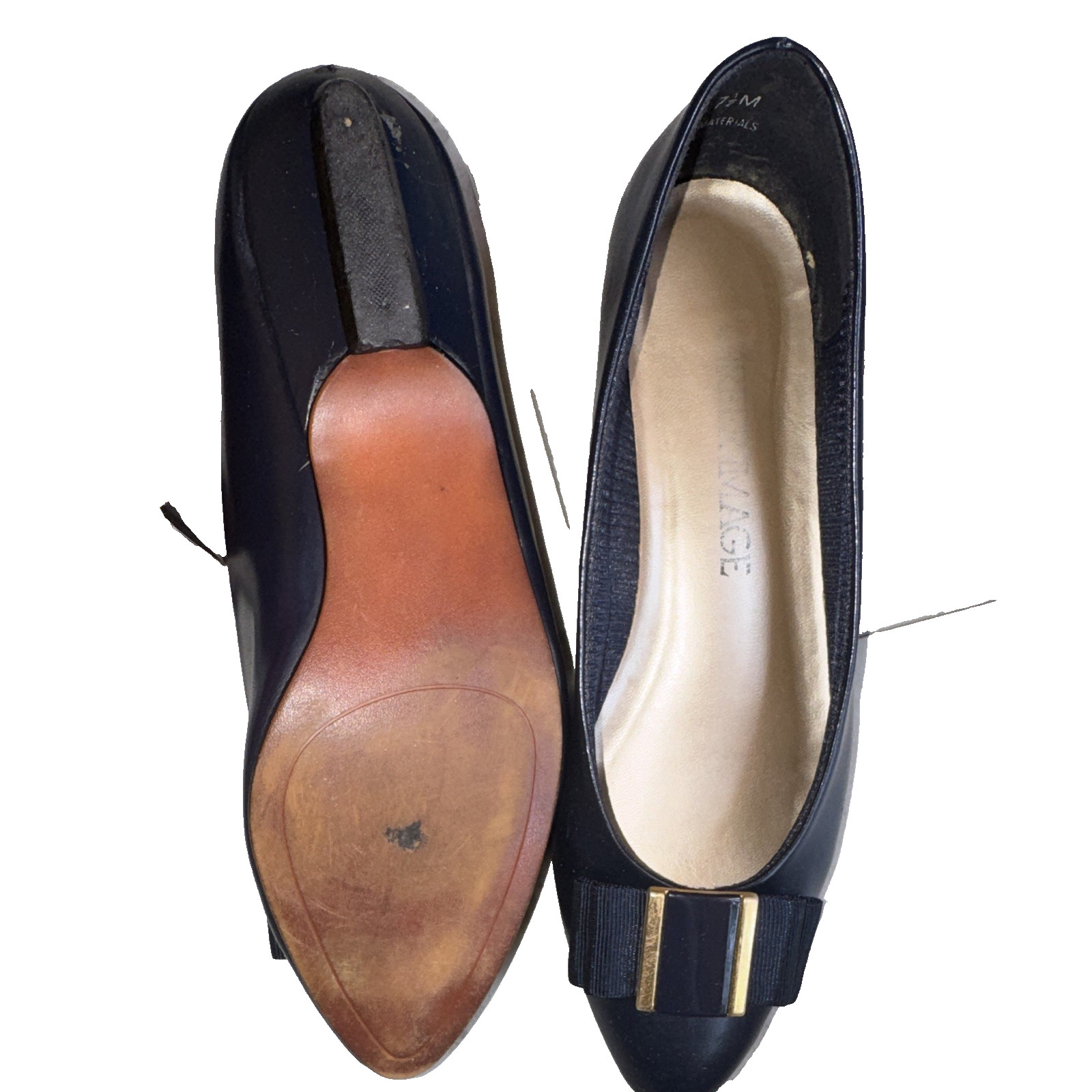 Career Image Womens Pumps 7.5 M Navy Leather Pointed Toe Slip On Bow Block