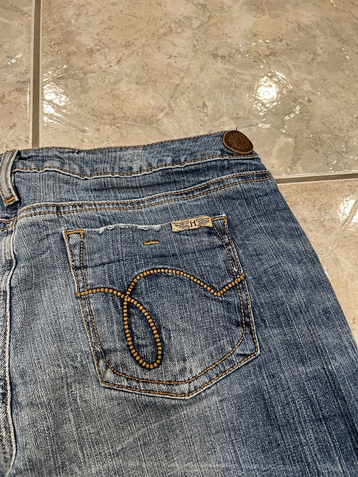 Hint Jeans Womens Size 13 Bootcut Flare Embroidered Denim 34X33 Distressed