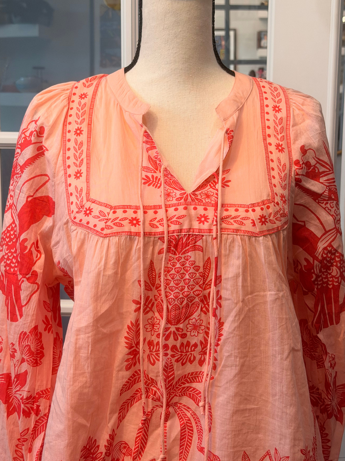 Calypso St. Barth Womens Boho Peasant Beach Blouse Top Peach Palm Tree Design M
