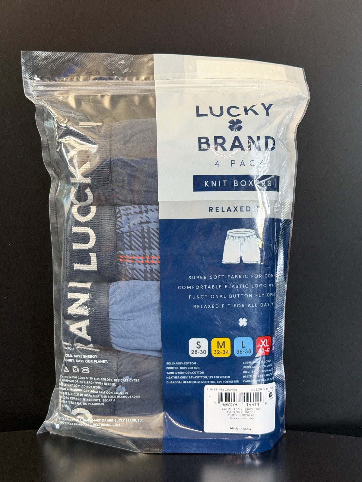 Lucky Brand Men’s 4-Pack Cotton Knit Boxer Shorts Assorted Colors XL 40-42 New