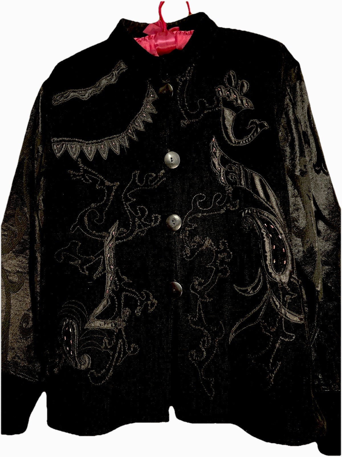 Flashback Jacket L Black Jacquard Chenille Embroidered Beaded Vintage Size Large