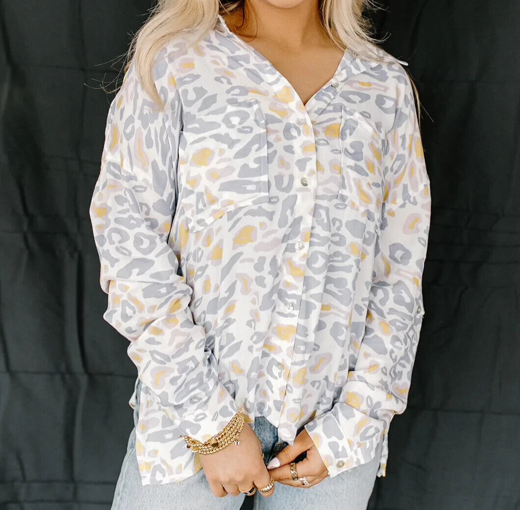 Dear John Arianna Top Shirt Blouse Size Large Leopard Long Roll Tab Sleeves Boho