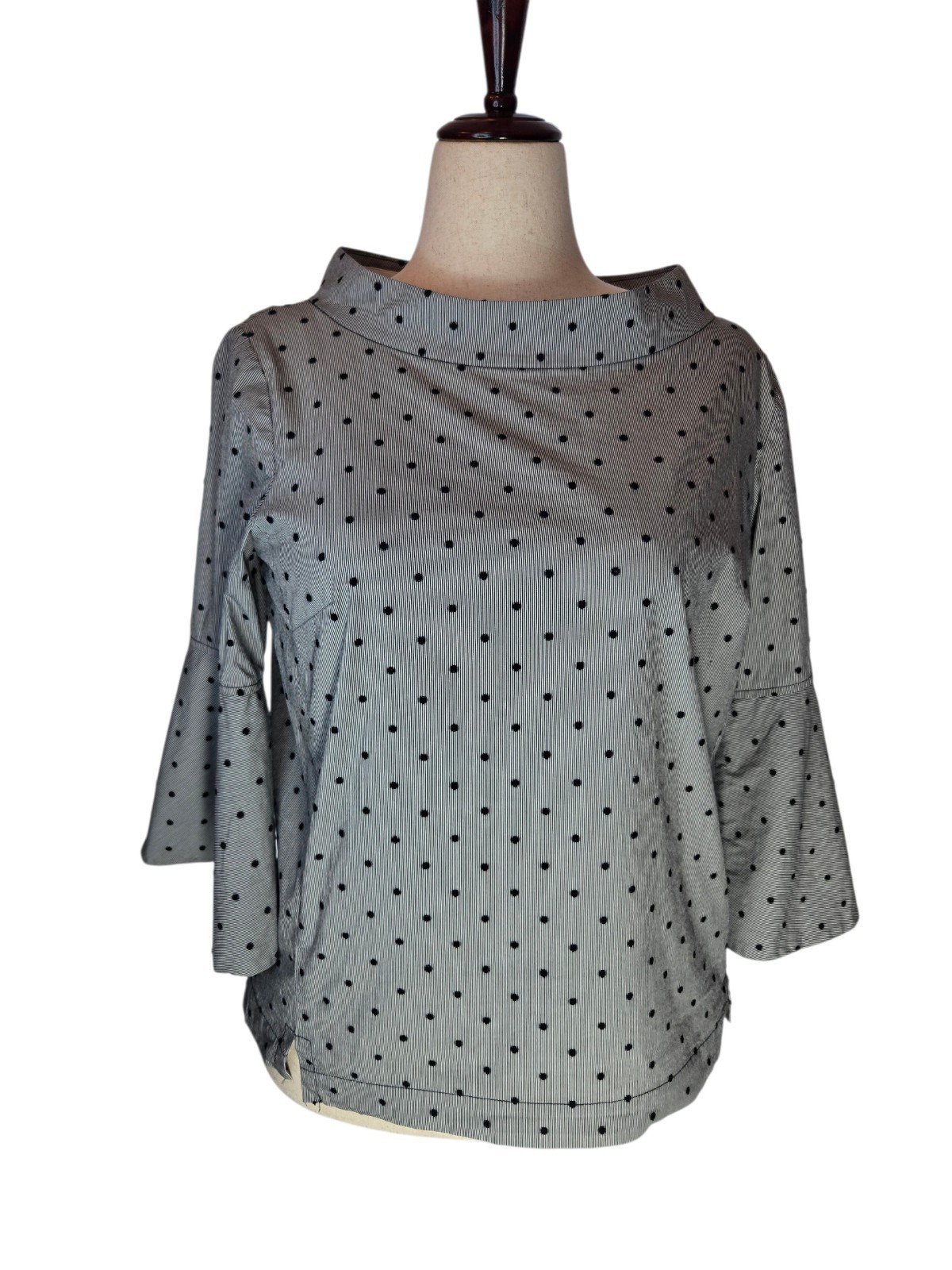 Sara Campbell Women’s 12 Black Dot Micro Stripe Blouse Flair Sleeve Boat Neck, L