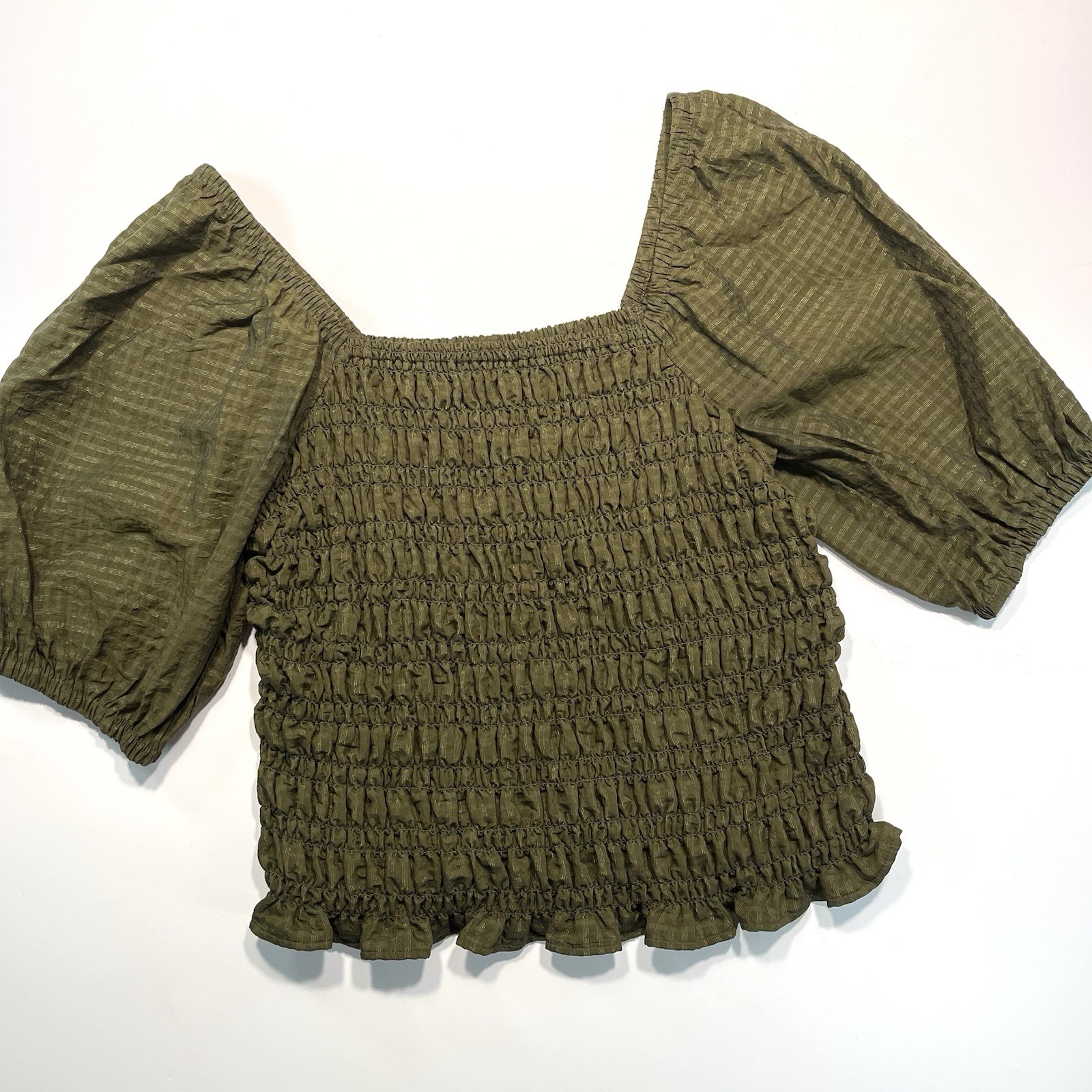 Old Navy Top Med Olive SS Smocked Puff Sleeve Ruffle Blouse Cottagecore Peasant