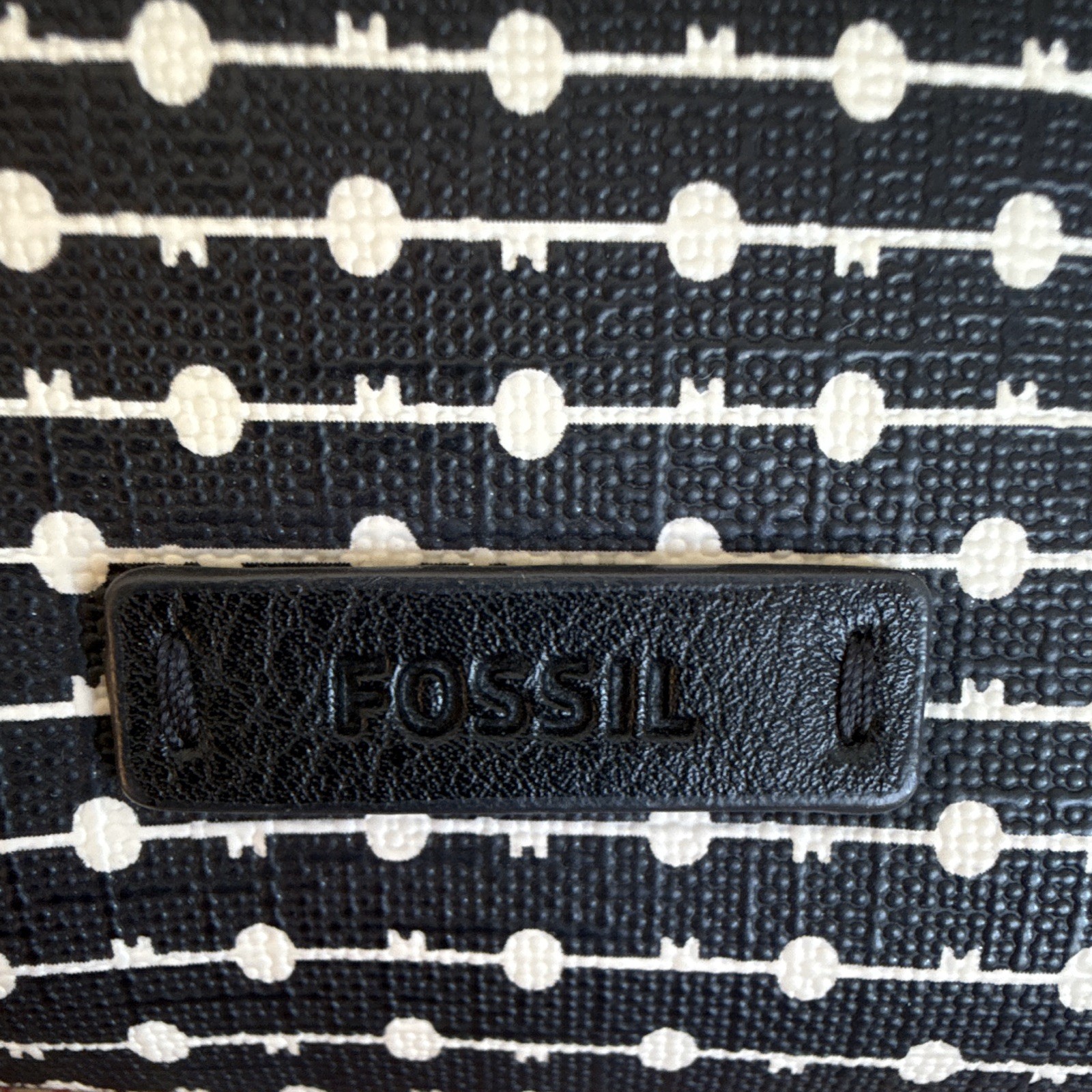 Fossil Black White Geometric Crossbody Bag Zip Closure Brown Strap Gold HW