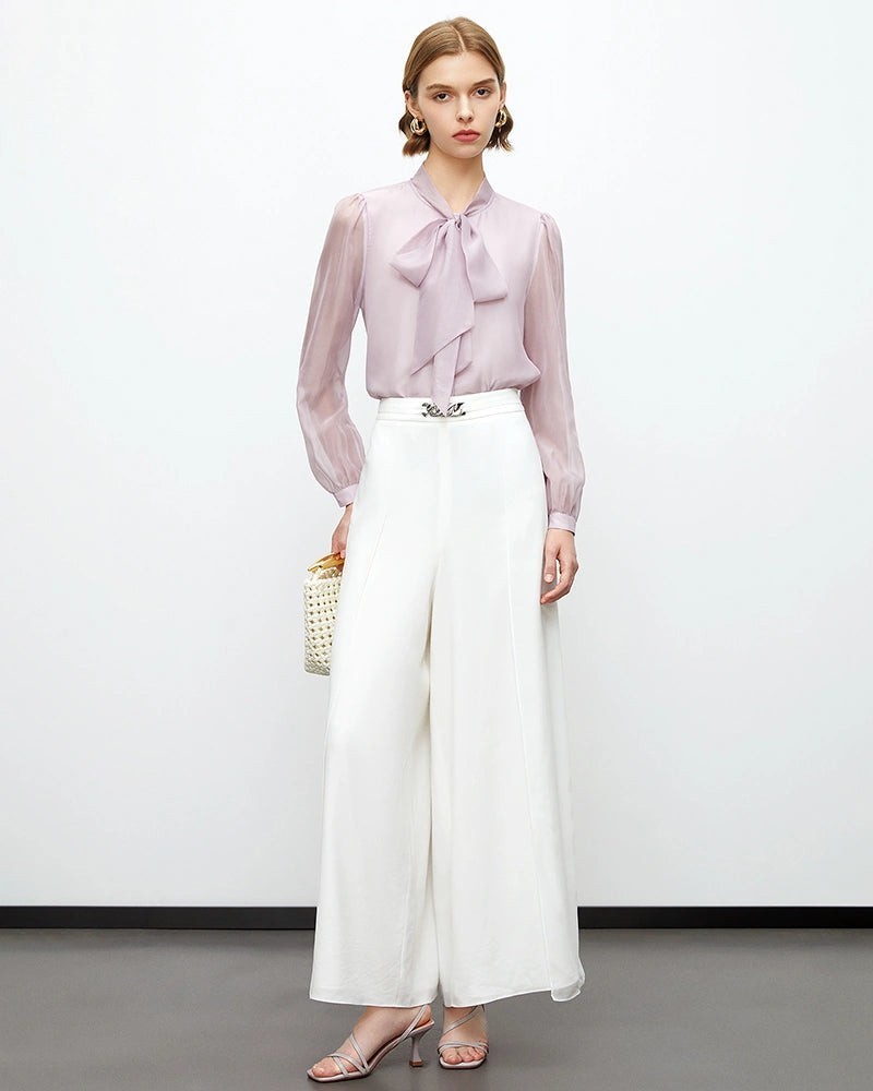 Tie Neck Silk Blouse with Sheer Sleeves