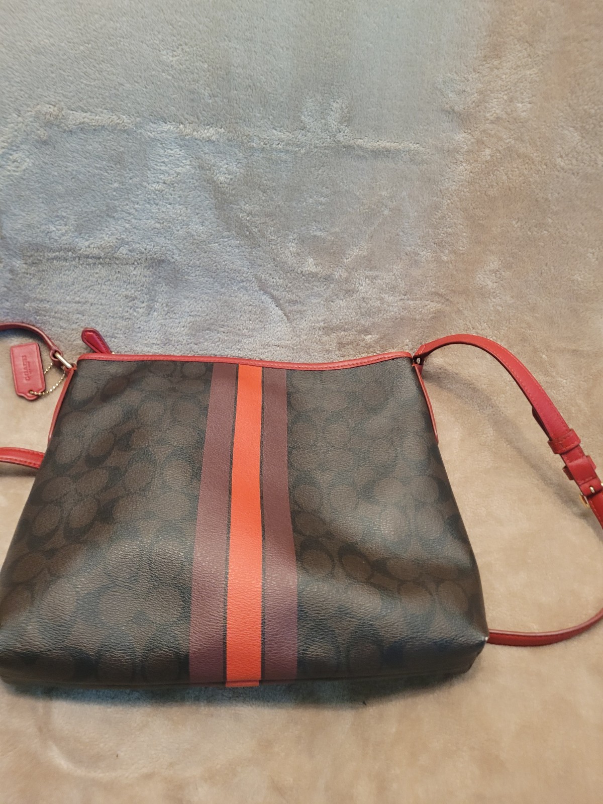 Coach • Signature Varsity Stripe File • Crossbody Bag • Red/Dark Brown •F38402✅