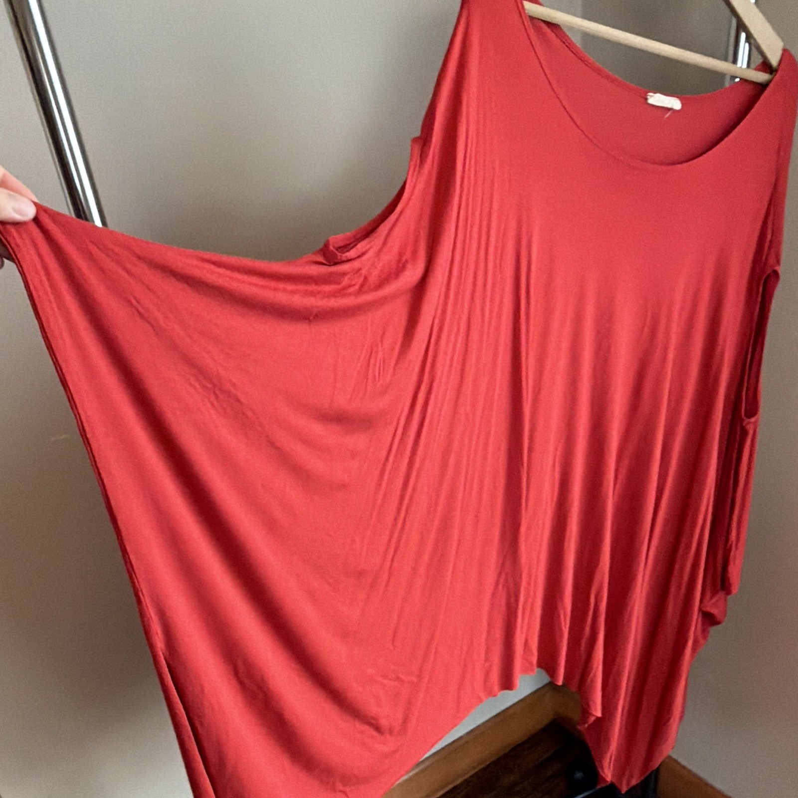 three bird nest Boho Rayon Tunic Top Womens One Size Red Solid Batwing Scoop