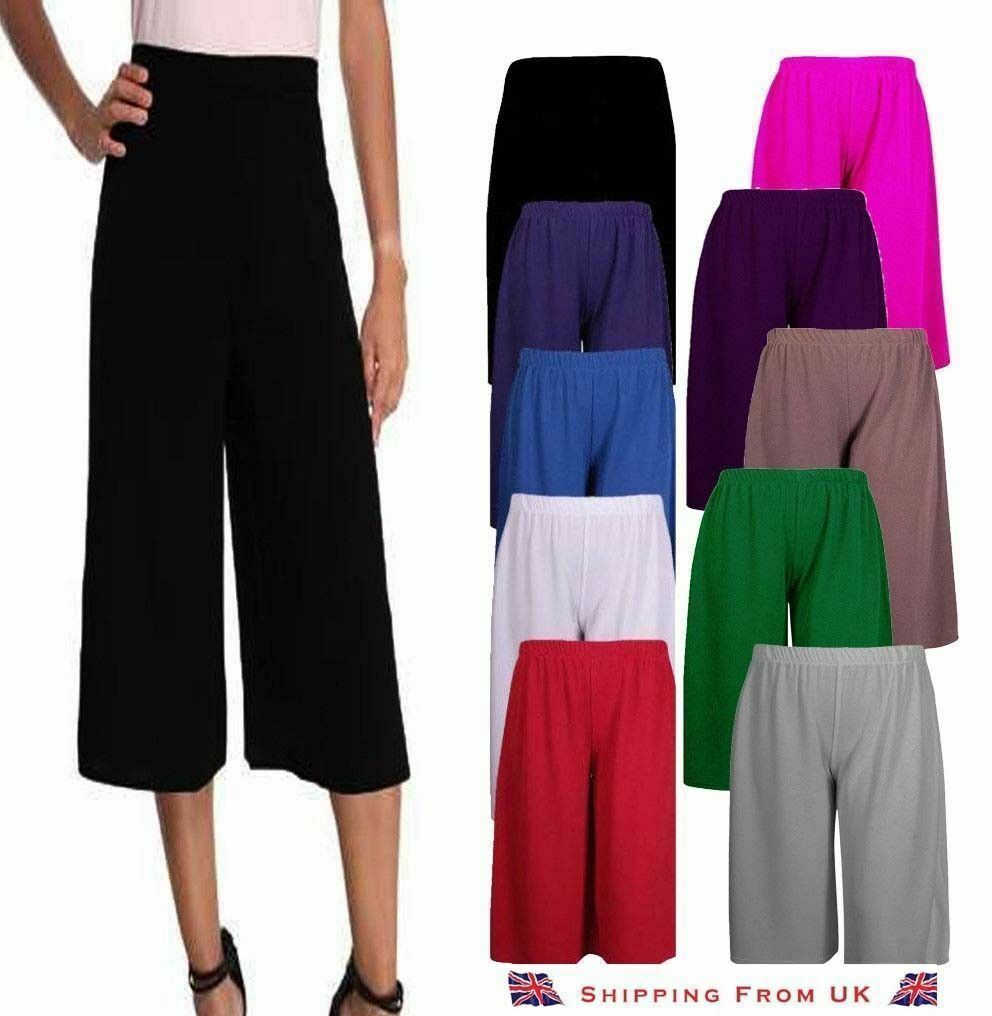 Ladies Women’s Elasticated Stretch Wide Leg Culottes 3/4th Length Plus Size 8-26