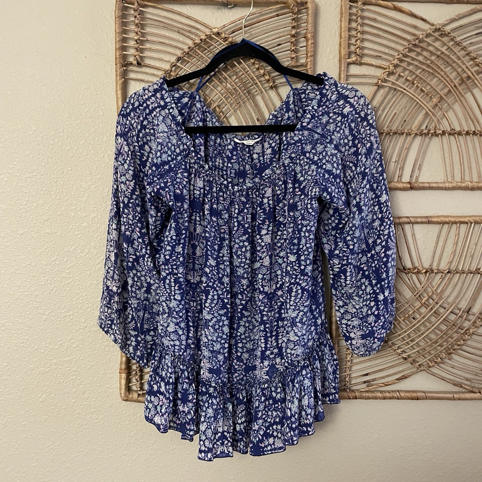 Rebecca Taylor Indigo Combo Floral Paisley Silk Off the Shoulder Blouse Sz 2 B18