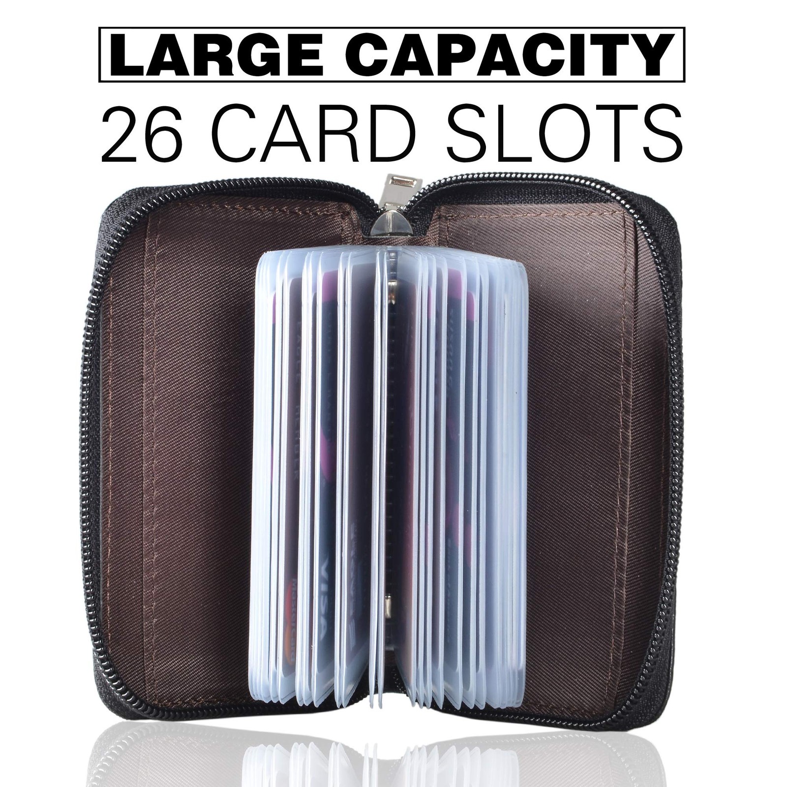 Genuine Leather Credit Card Holder Zipper Wallet With 26 Card Slots (Black)