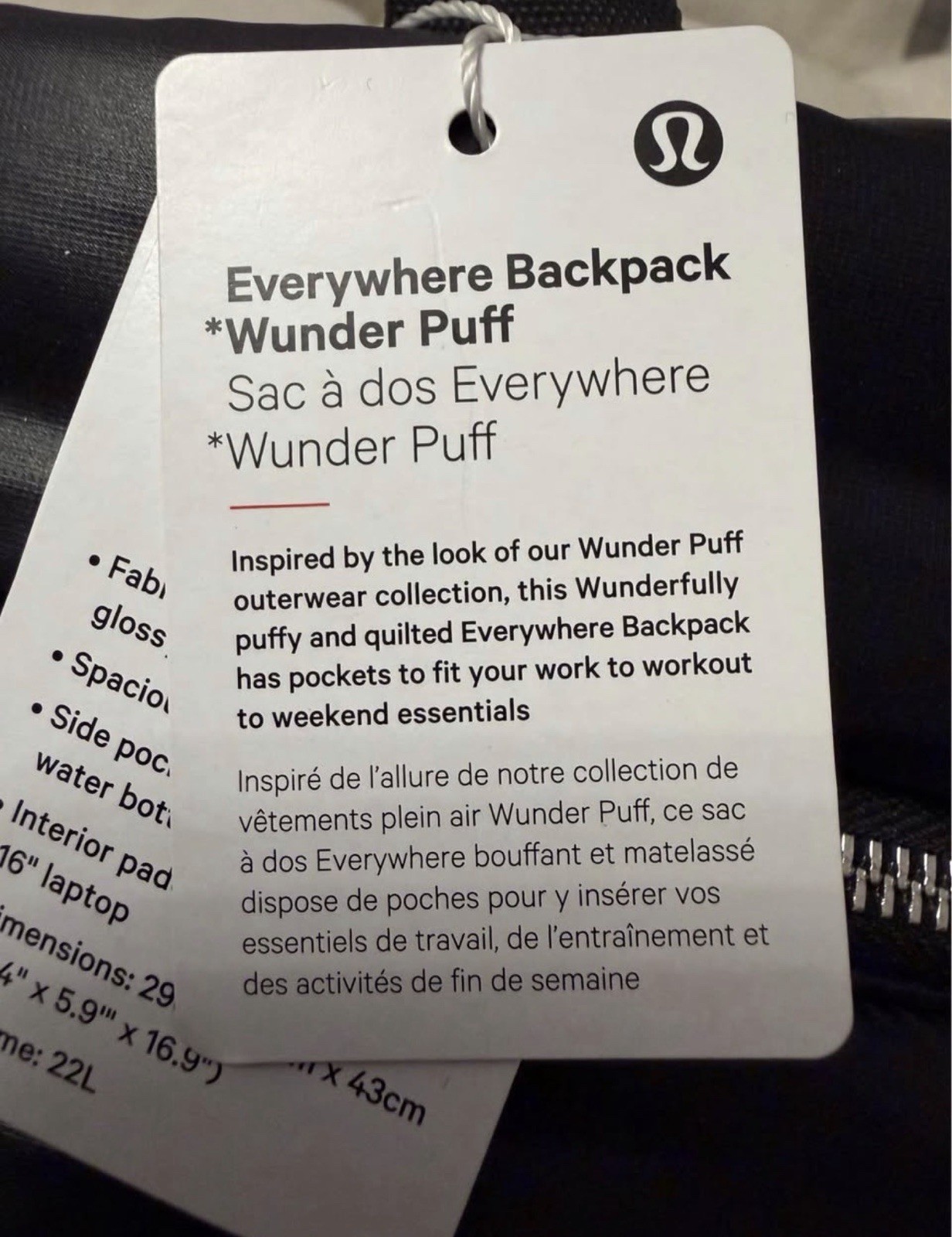 lululemon Everywhere Backpack 22L Wunder Puff Black Zip Adjustable Pockets NWT
