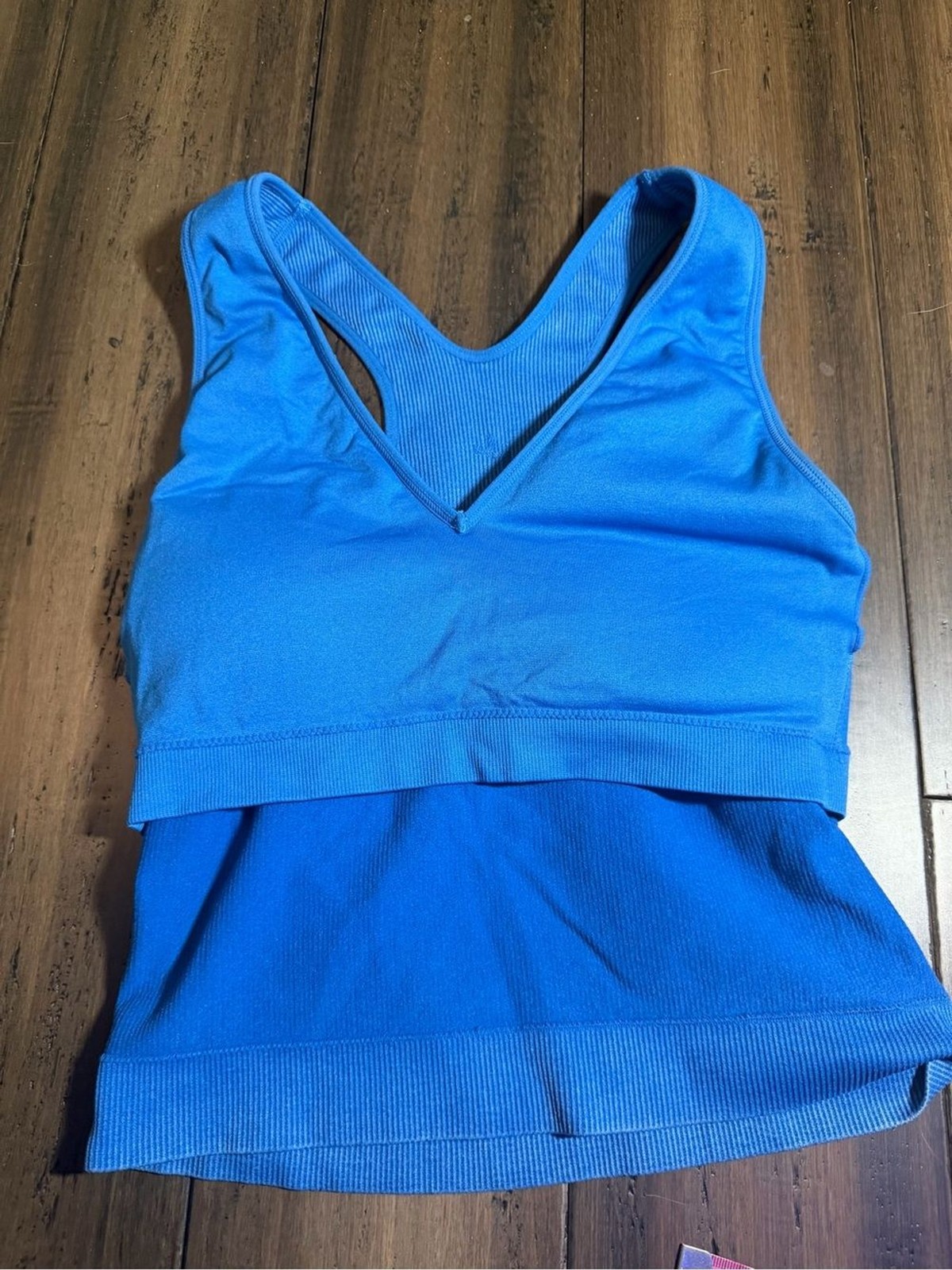 Joy Lab Women’s Blue Ribbed V-Neck Tank Top with Razor back and built-in bra.