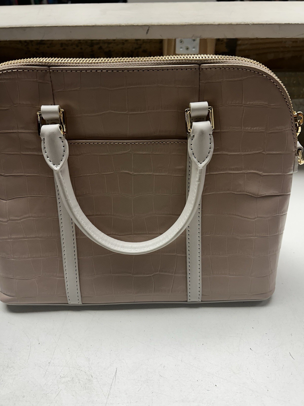 Michael Kors Beige/White Crocodile Embossed Satchel Zip Gold Hardware Strap