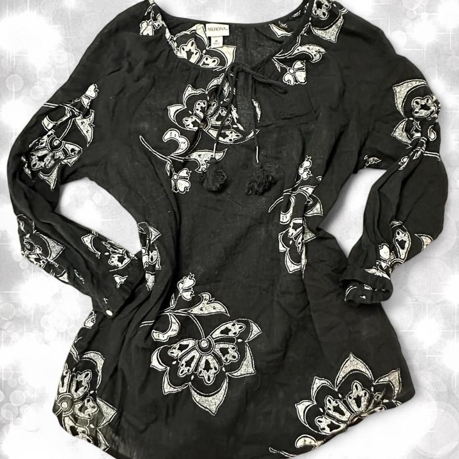 Merona Chic Floral Gothic Boho Style Tie Front Long Sleeve Top
