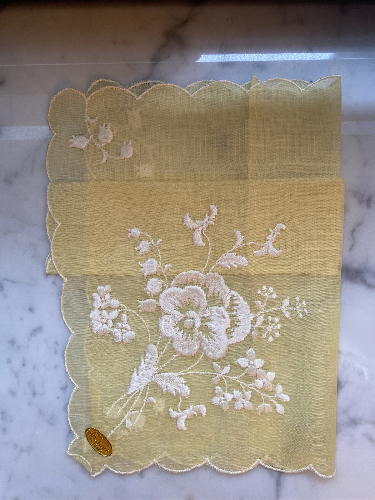 Vintage made in Switzerland pale yellow Linen Handkerchief Hanky approx 11″ sq