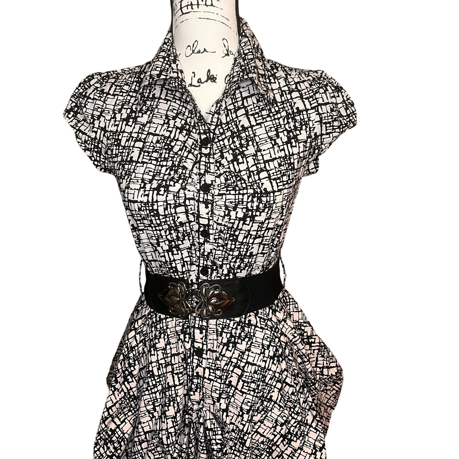 BCX Black White Abstract Print Ruffled Skirt Short Dress Women’s Medium