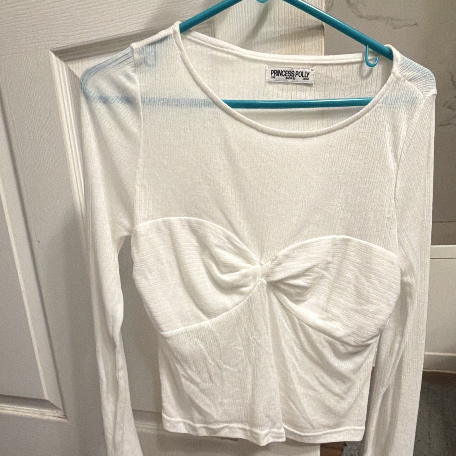 Princess Polly White Round Neck Twist Front Cropped Long Sleeve Knit Top Size L