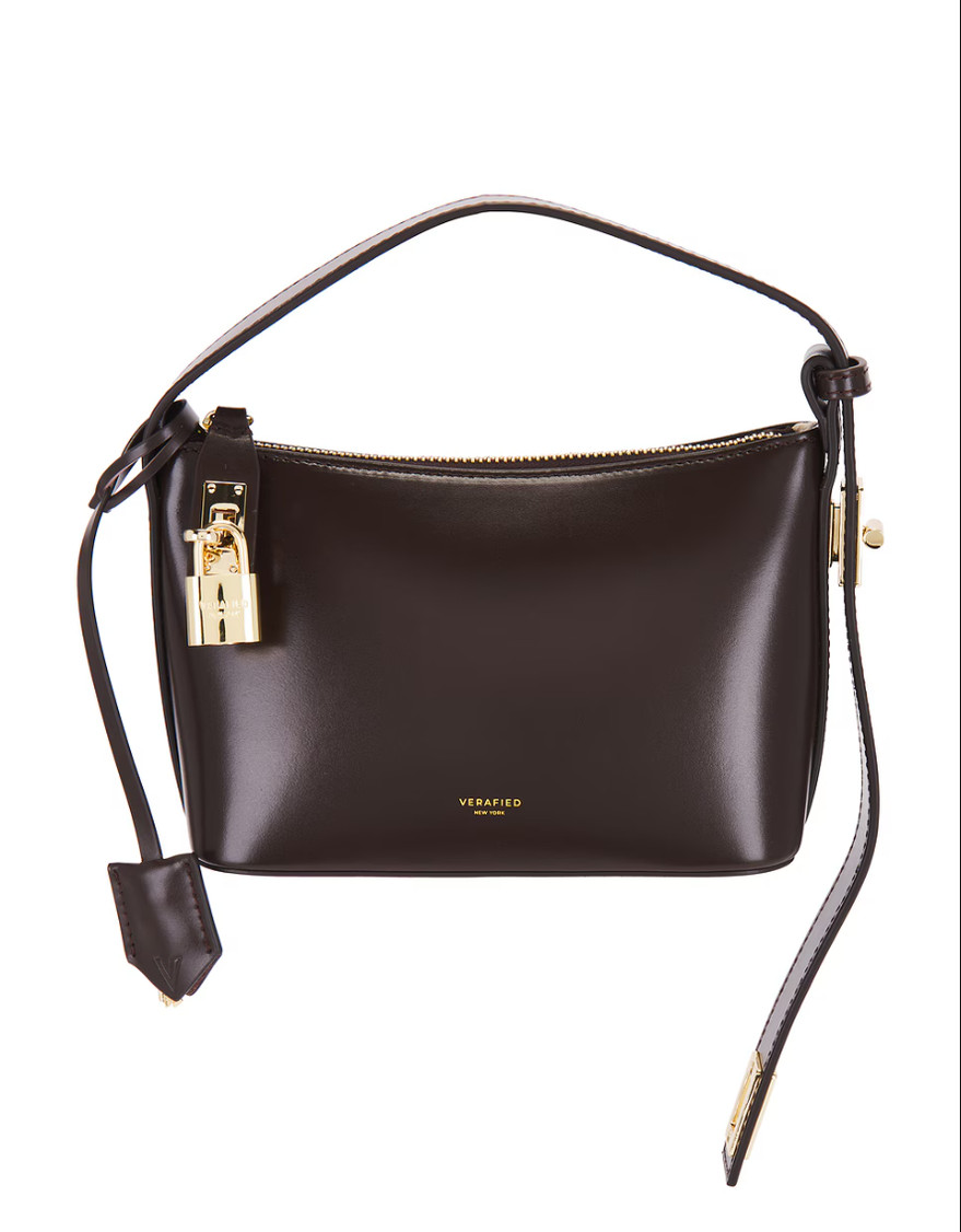 VERAFIED Mini Hobo Bag Leather Chocolate Gold Top Handle