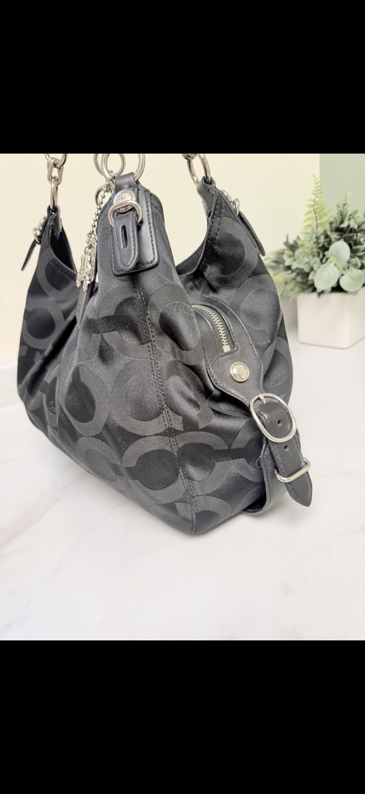 Coach Signature Logo Shoulder Bag Black/Gray Zip Purple Lining