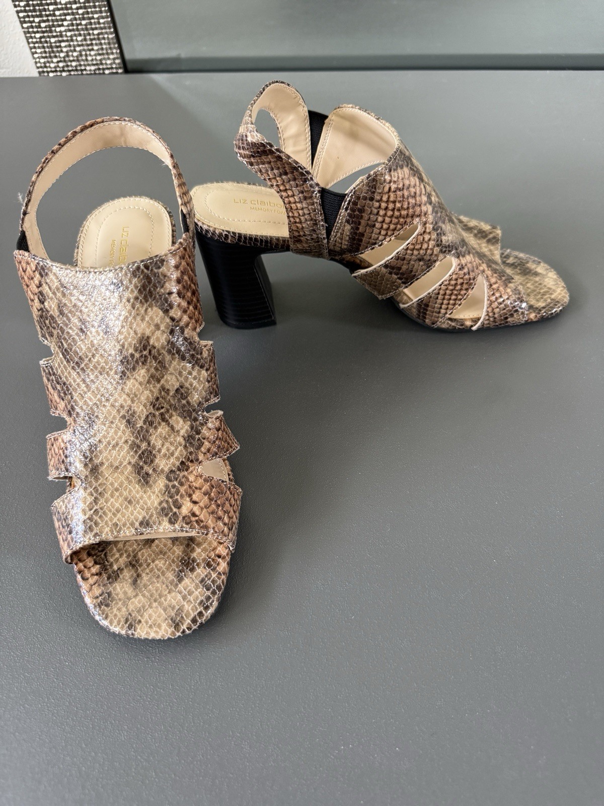 Liz Claiborne Women’s Snakeskin Open Toe Slingback Block Heel Slip-On 7